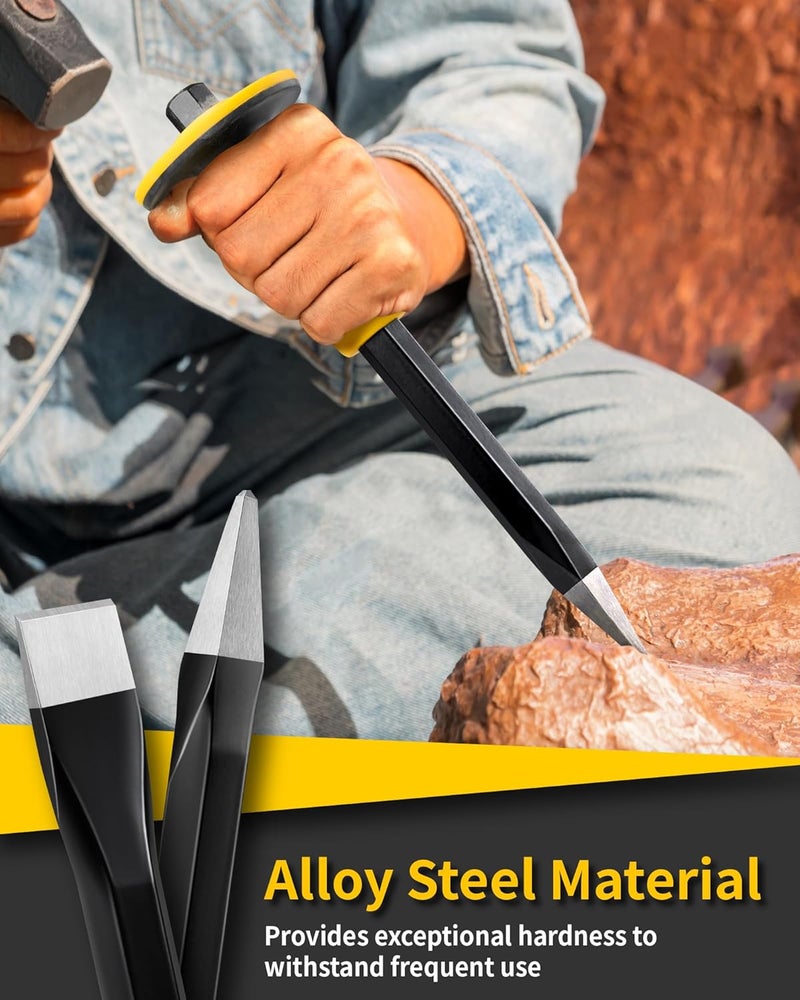 Firecore Rock Chisel Set, 3PCS Masonry Chisel with Hand Guard, Heavy Duty Point Flat Cold Chisel for Concrete Stone Brick Rock Tile Mortar Breaking Demolishing Carving Splitting Cutting Mason Tools - Image 3